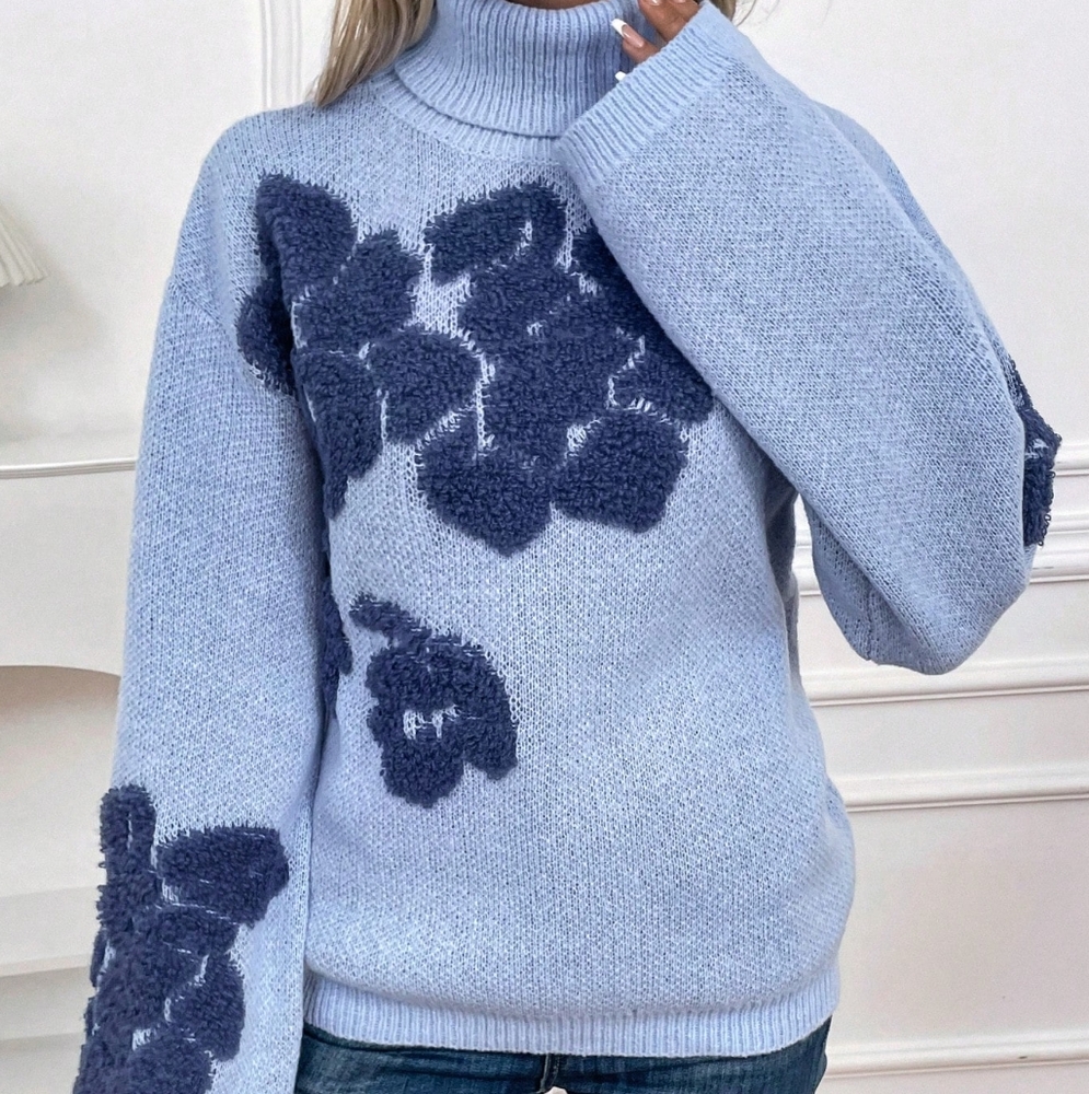 Floral Pattern Turtleneck Drop Shoulder Sweater - Picture 2 of 5